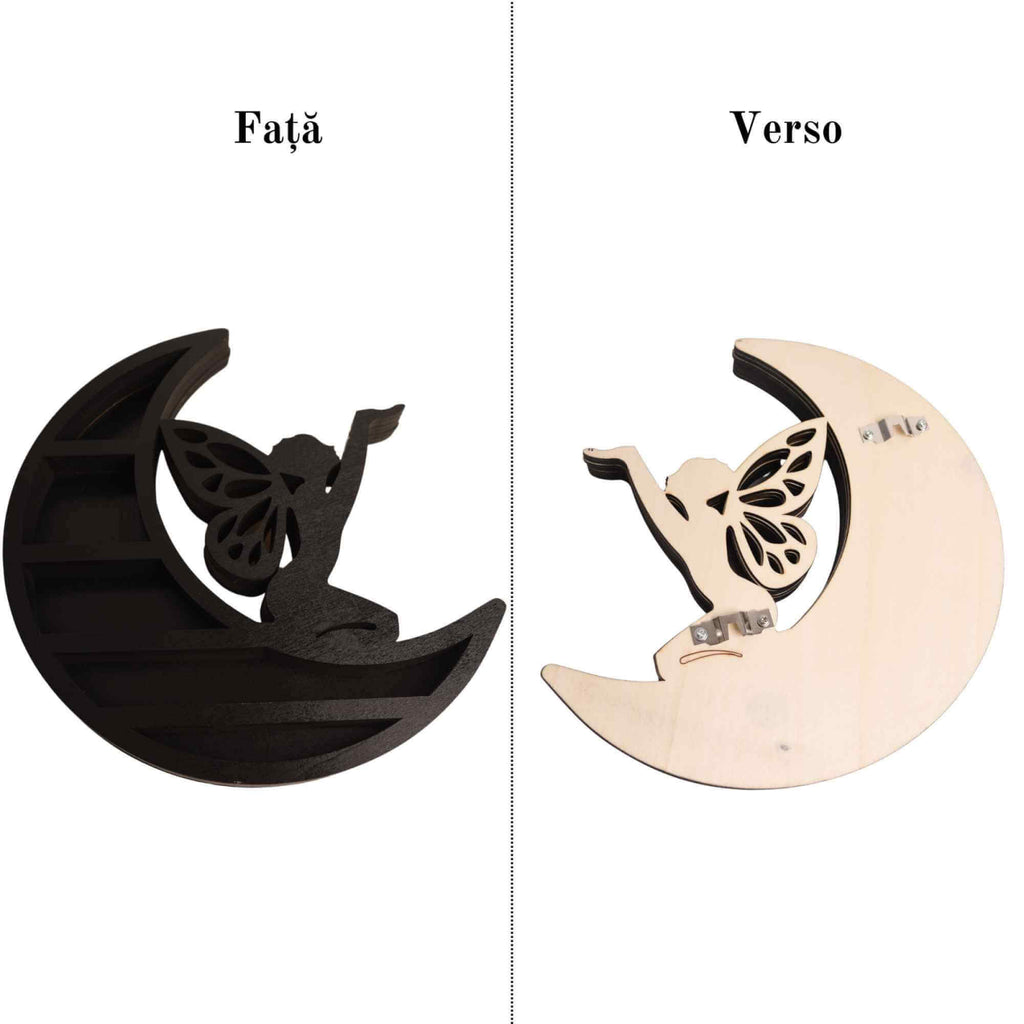Mini Raft negru 30x30 cm expunere din lemn pentru cristale, uleiuri esentiale design Luna Stea - Decorare pentru camera