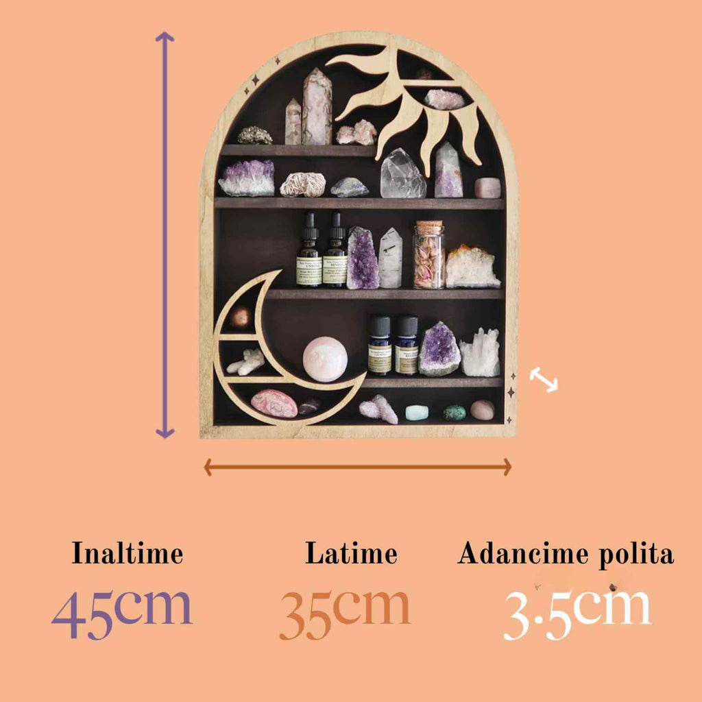 Mini Raft 45x35 cm expunere din lemn pentru cristale, uleiuri esentiale design Soare si Luna - Decorare gotica pentru camera