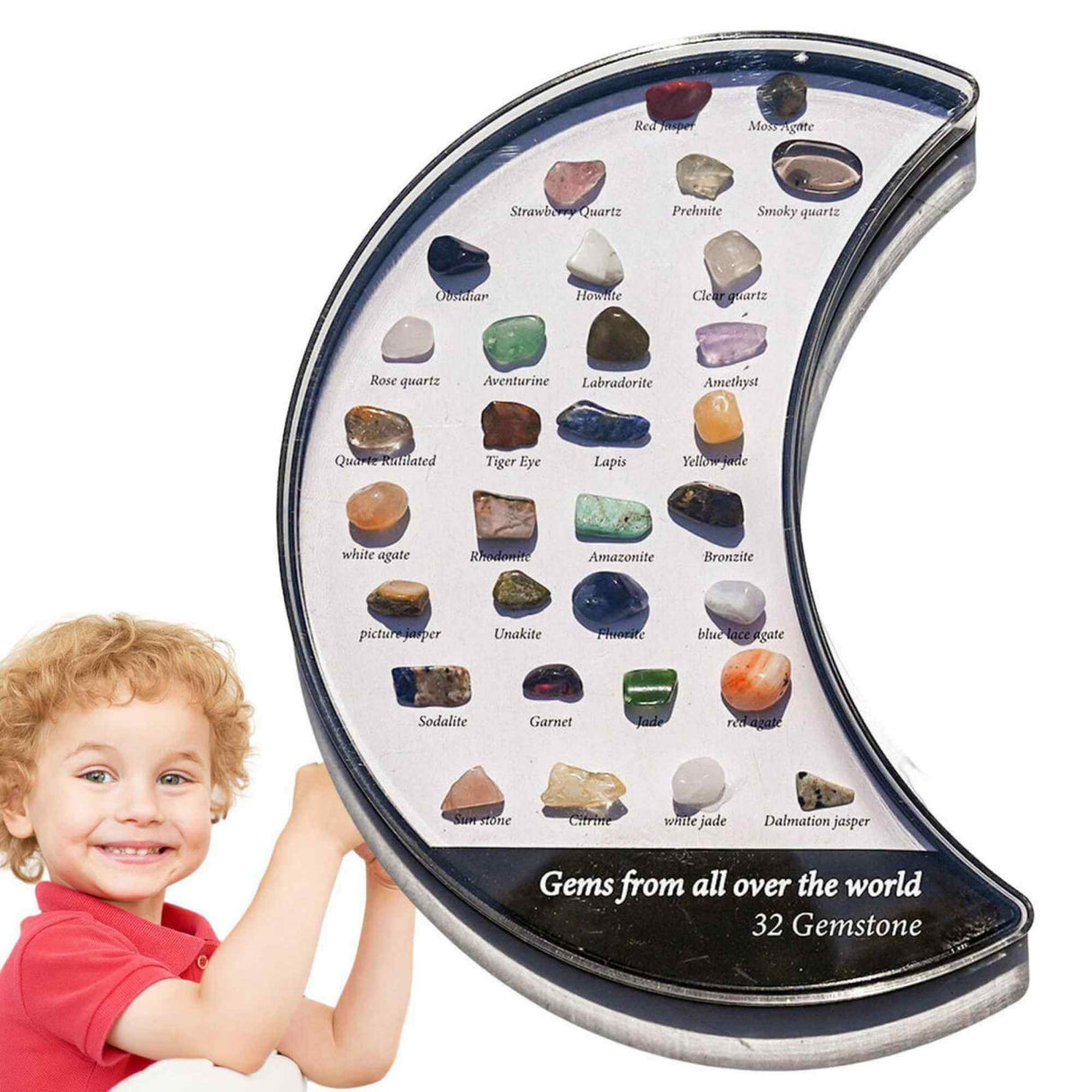 Mini set 32 pietre de colectie | Cutie in forma de luna cu pietre specimen etichetate, educationale pentru baieti si fete