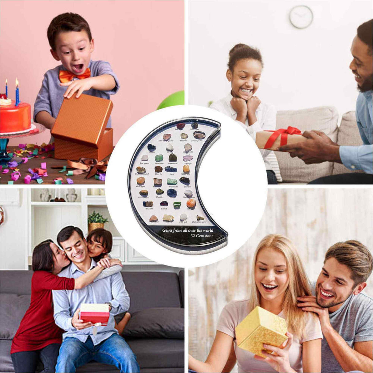 Mini set 32 pietre de colectie | Cutie in forma de luna cu pietre specimen etichetate, educationale pentru baieti si fete