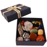 Mini Set cu 8 mini pietre semipretioase polisate, 1 bratara chakra, 1 colier cu cristal de stanca si o inima din cuart roz