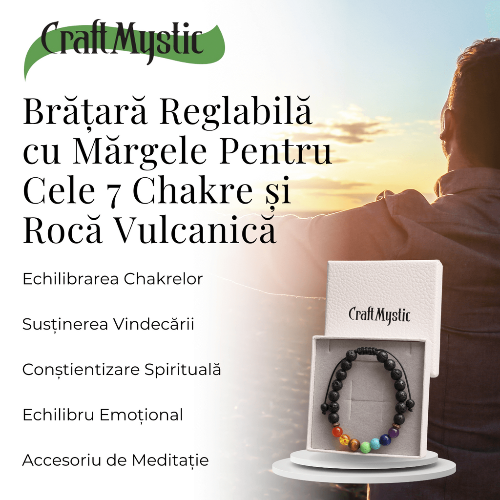 Bratara Reglabila cu Margele 8mm pentru Cele 7 Chakre si Roca Vulcanica