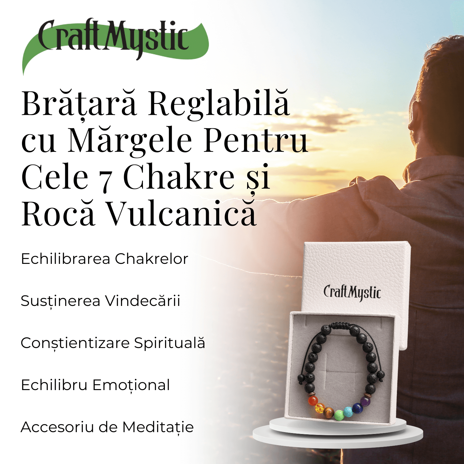 Bratara Reglabila cu Margele 8mm pentru Cele 7 Chakre si Roca Vulcanica