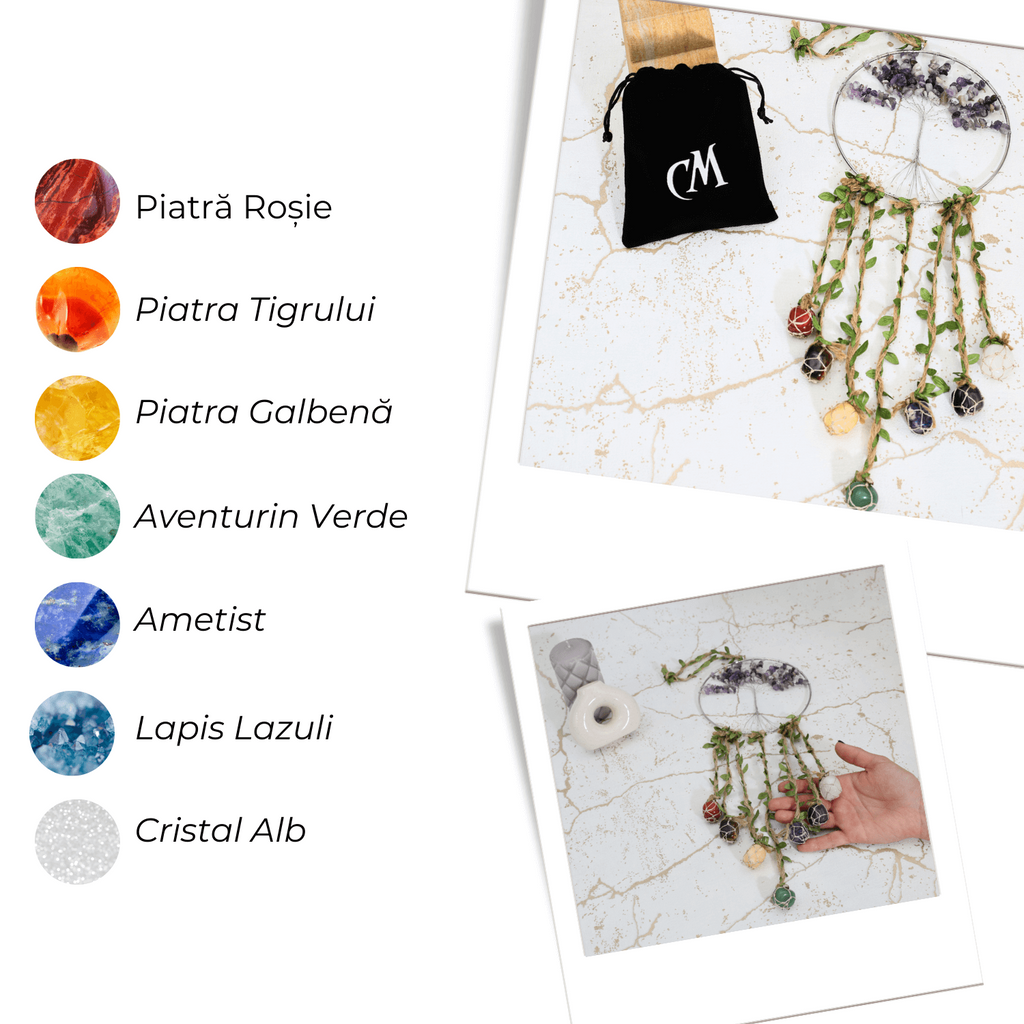 Dreamcatcher cu 7 tipuri de Cristale pentru cele 7 Chakre și Model Arborele Vietii