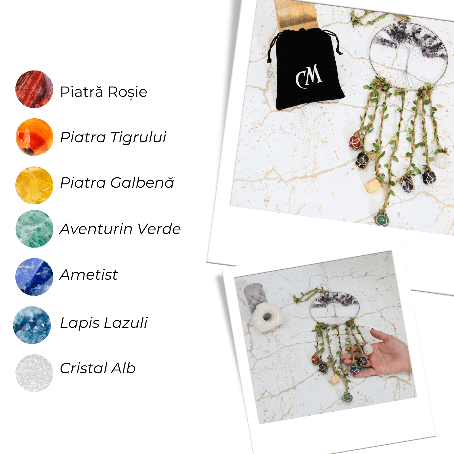 Dreamcatcher cu 7 tipuri de Cristale pentru cele 7 Chakre și Model Arborele Vietii