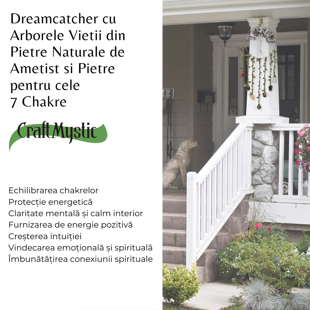 Dreamcatcher cu 7 tipuri de Cristale pentru cele 7 Chakre și Model Arborele Vietii