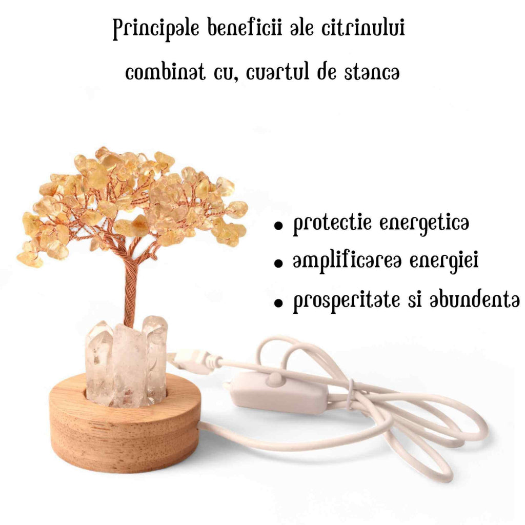 Mini Lampa Copacel 10 cm de Citrin si Cuart de Stanca cu USB