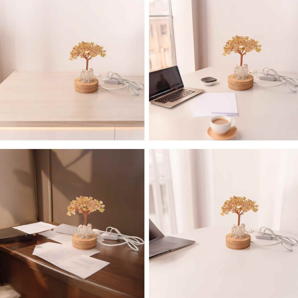 Mini Lampa Copacel 10 cm de Citrin si Cuart de Stanca cu USB