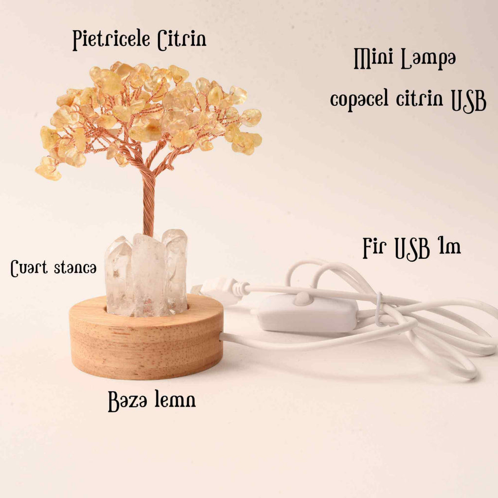 Mini Lampa Copacel 10 cm de Citrin si Cuart de Stanca cu USB