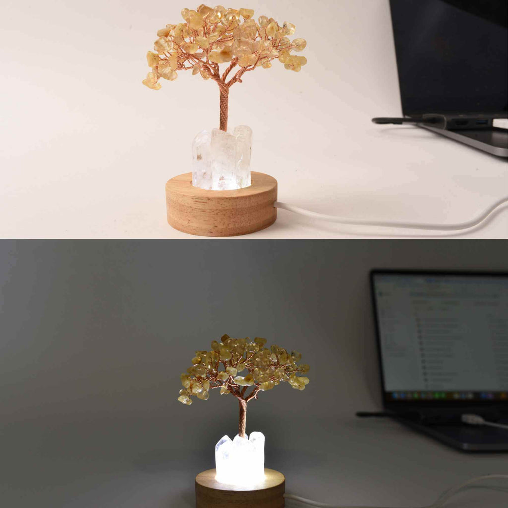 Mini Lampa Copacel 10 cm de Citrin si Cuart de Stanca cu USB