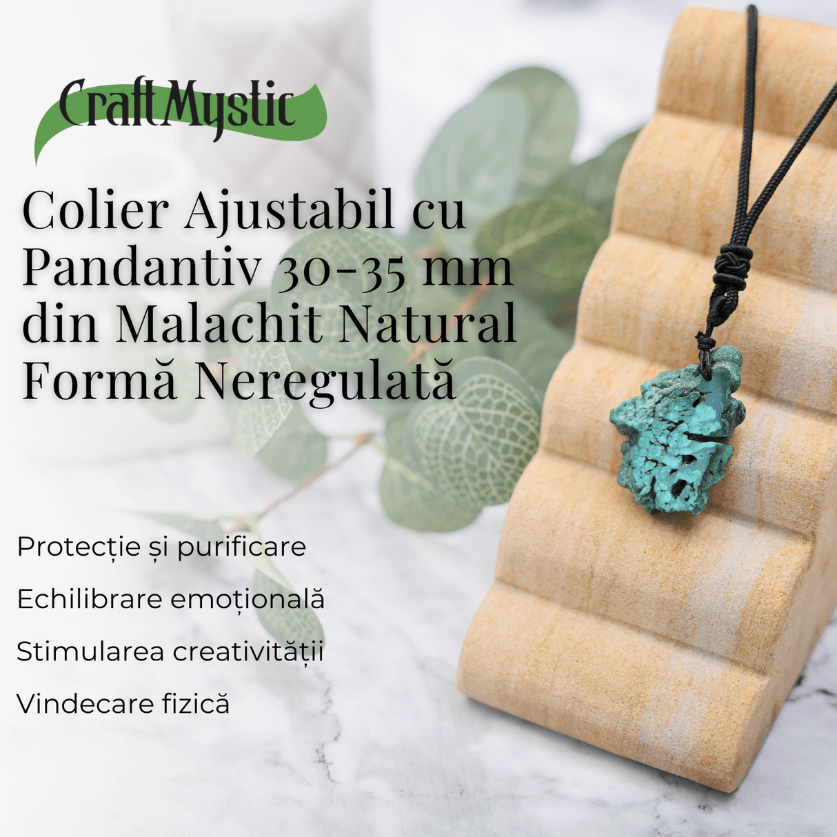 Colier Ajustabil cu Pandantiv din Malachit Natural, Forma Neregulata, 30-35mm