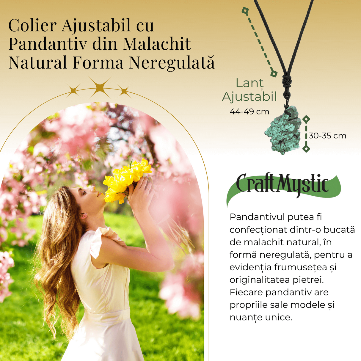 Colier Ajustabil cu Pandantiv din Malachit Natural, Forma Neregulata, 30-35mm