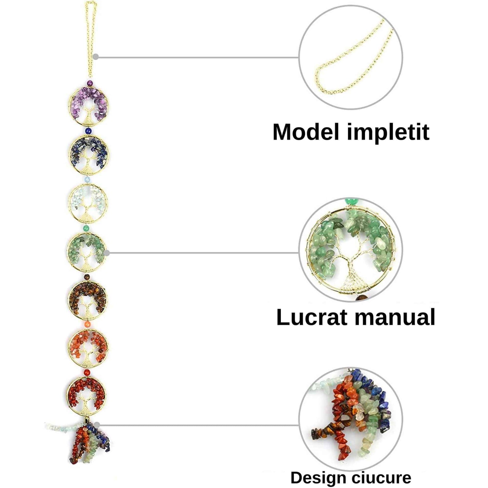 Ornament de agatat cu 7 chakre reprezentate cu arborele vietii lucrat manual cu pietre semipretioase si cristale vindecatoare - Ornament de meditatie, decor feng shui pentru casa, birou, masina