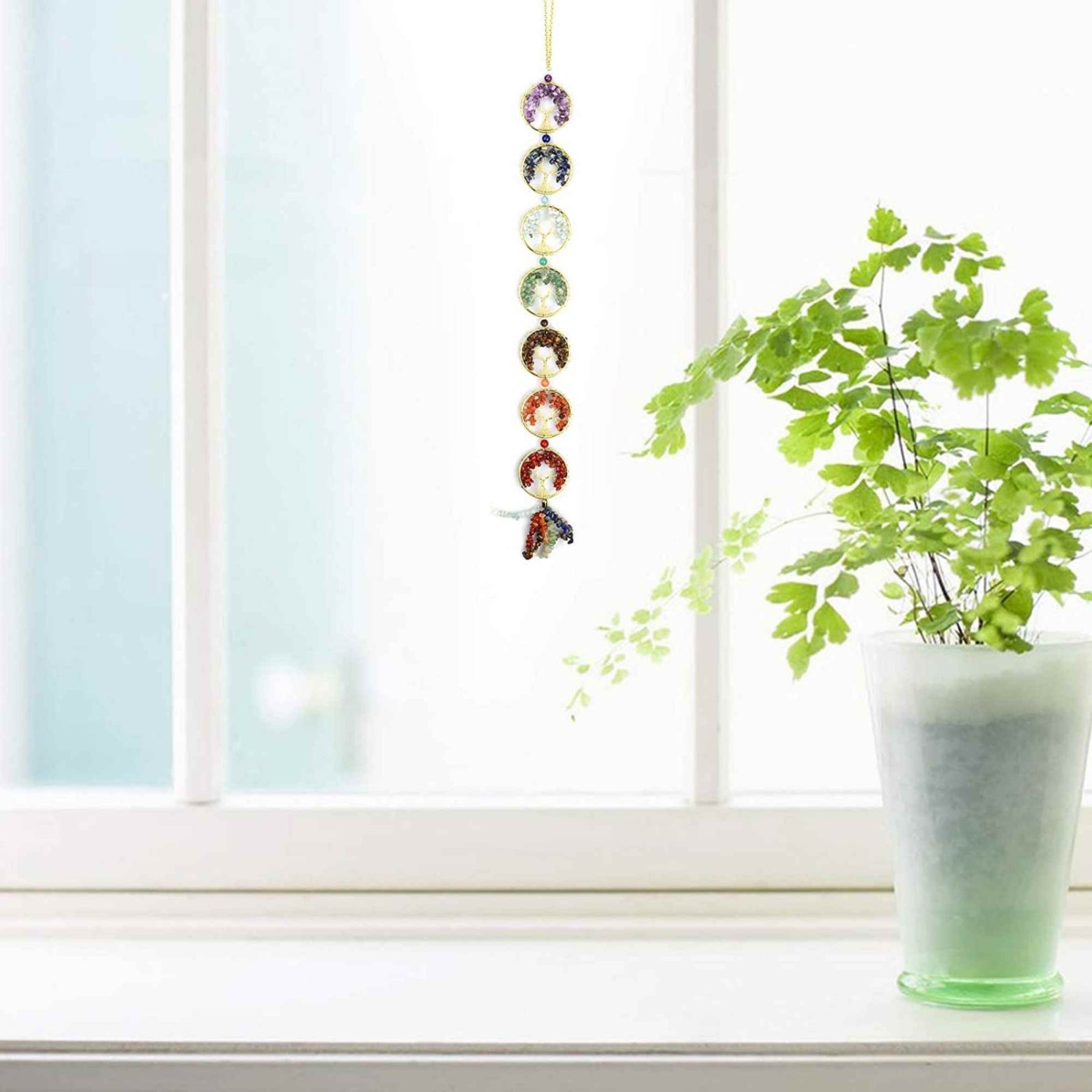 Ornament de agatat cu 7 chakre reprezentate cu arborele vietii lucrat manual cu pietre semipretioase si cristale vindecatoare - Ornament de meditatie, decor feng shui pentru casa, birou, masina