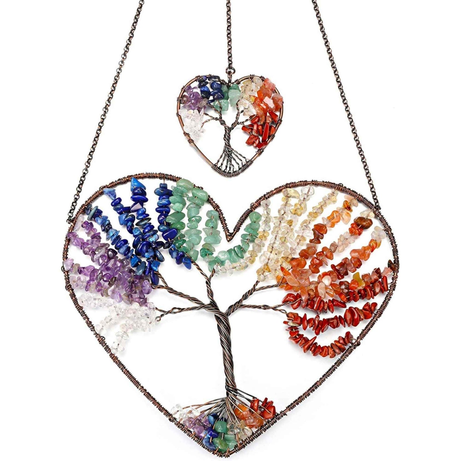 Ornament de agatat model arborele vietii in forma de inima - Realizat manual cu pietre semipretioase si cristale vindecatoare a celor 7 chakre
