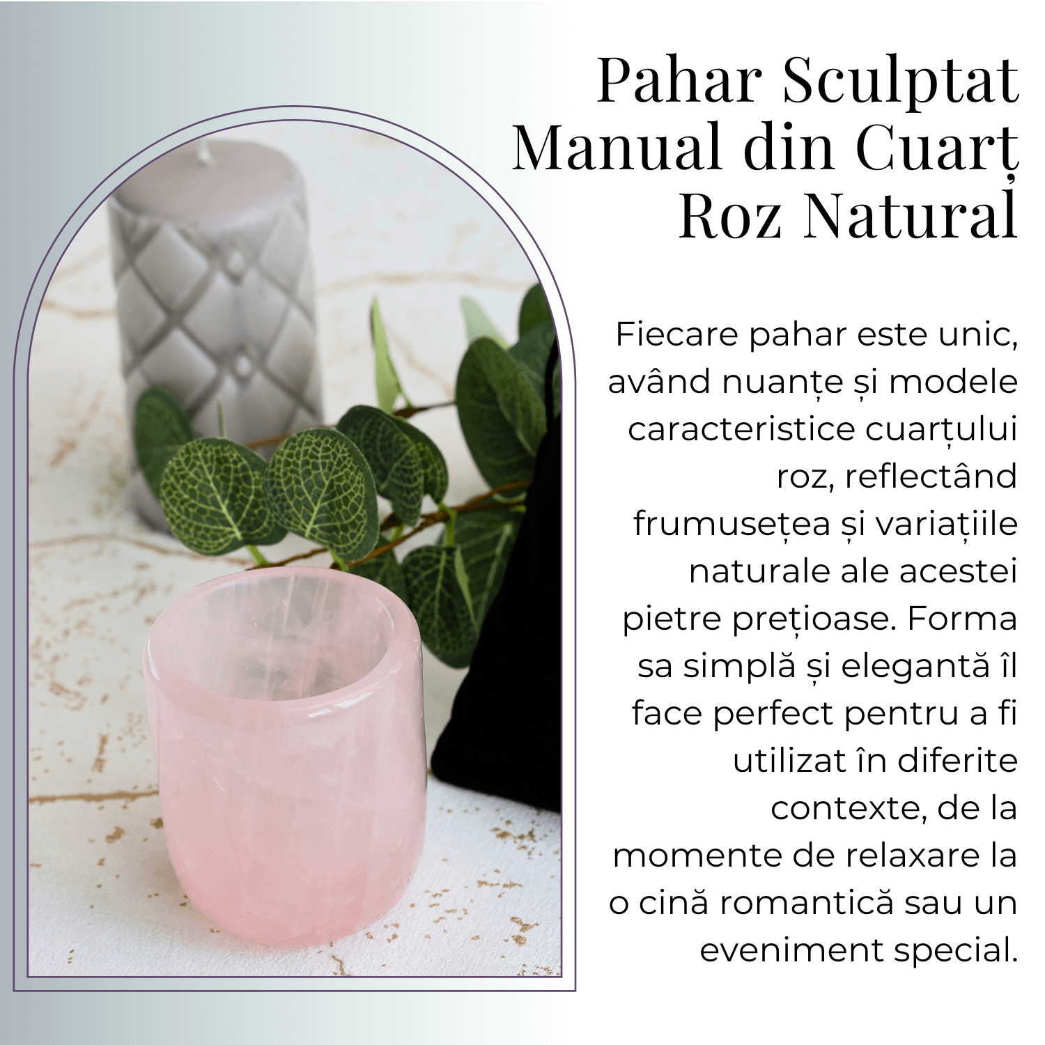 Pahar din Cuart Roz Natural, Sculptat Manual, 75 mm
