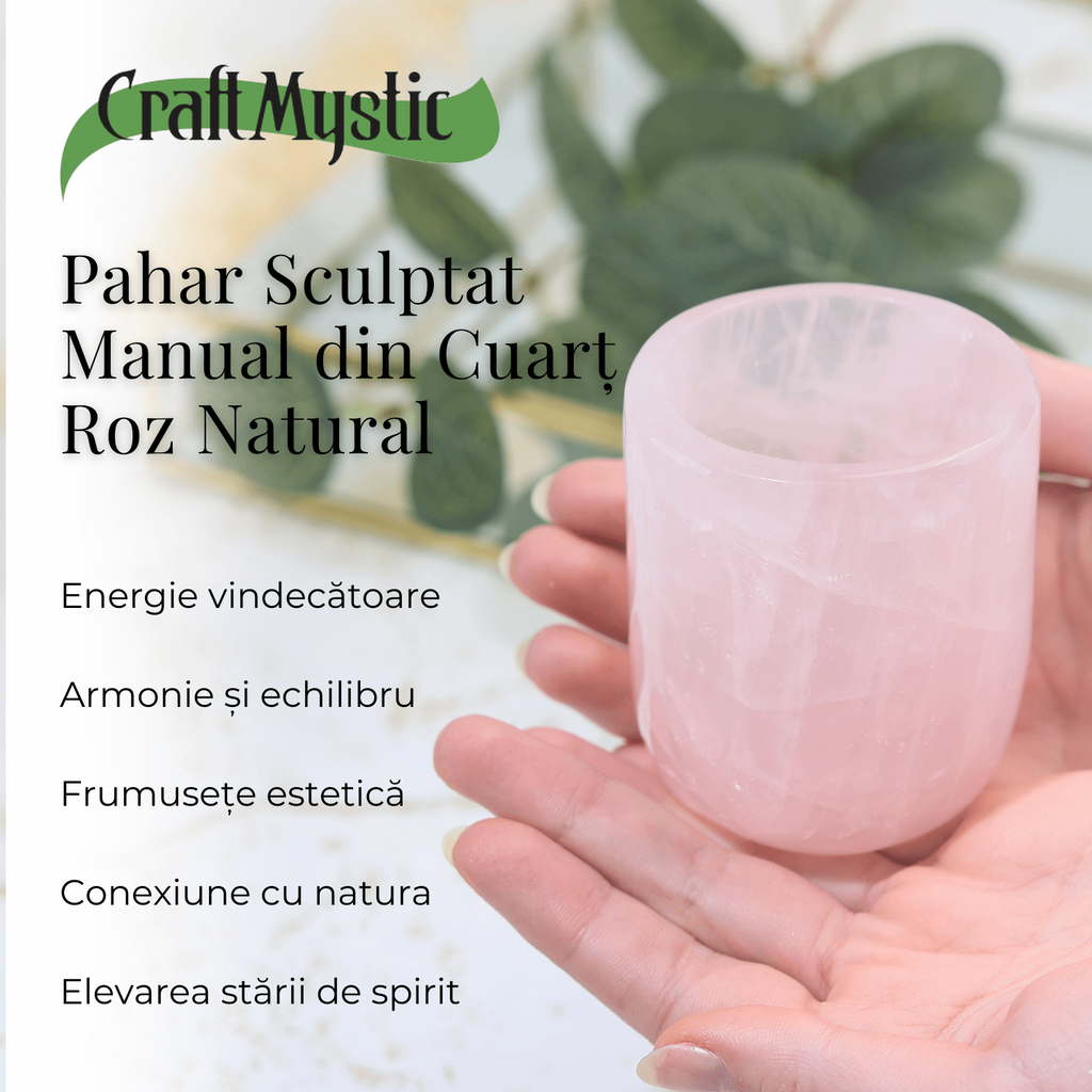 Pahar din Cuart Roz Natural, Sculptat Manual, 75 mm