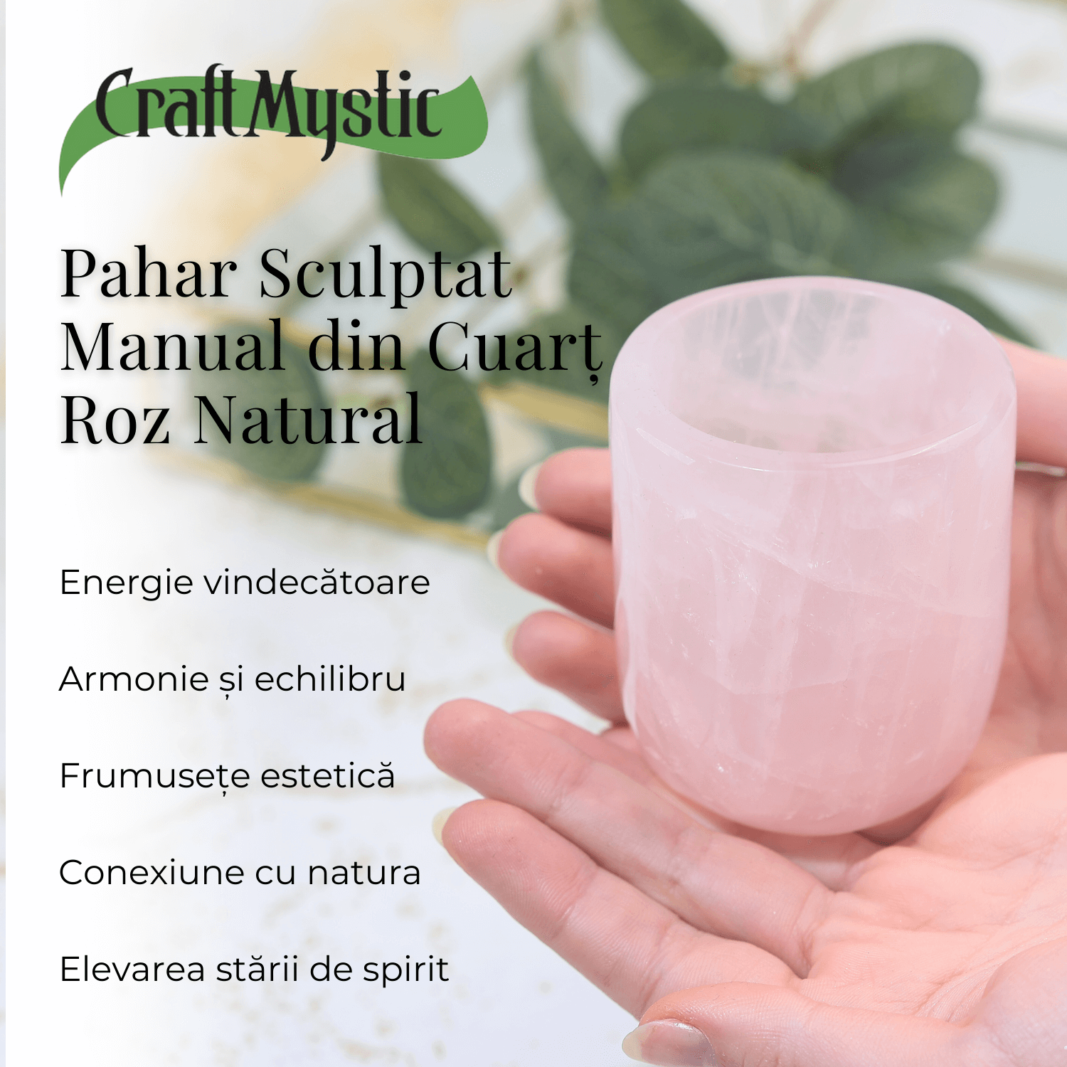 Pahar din Cuart Roz Natural, Sculptat Manual, 75 mm