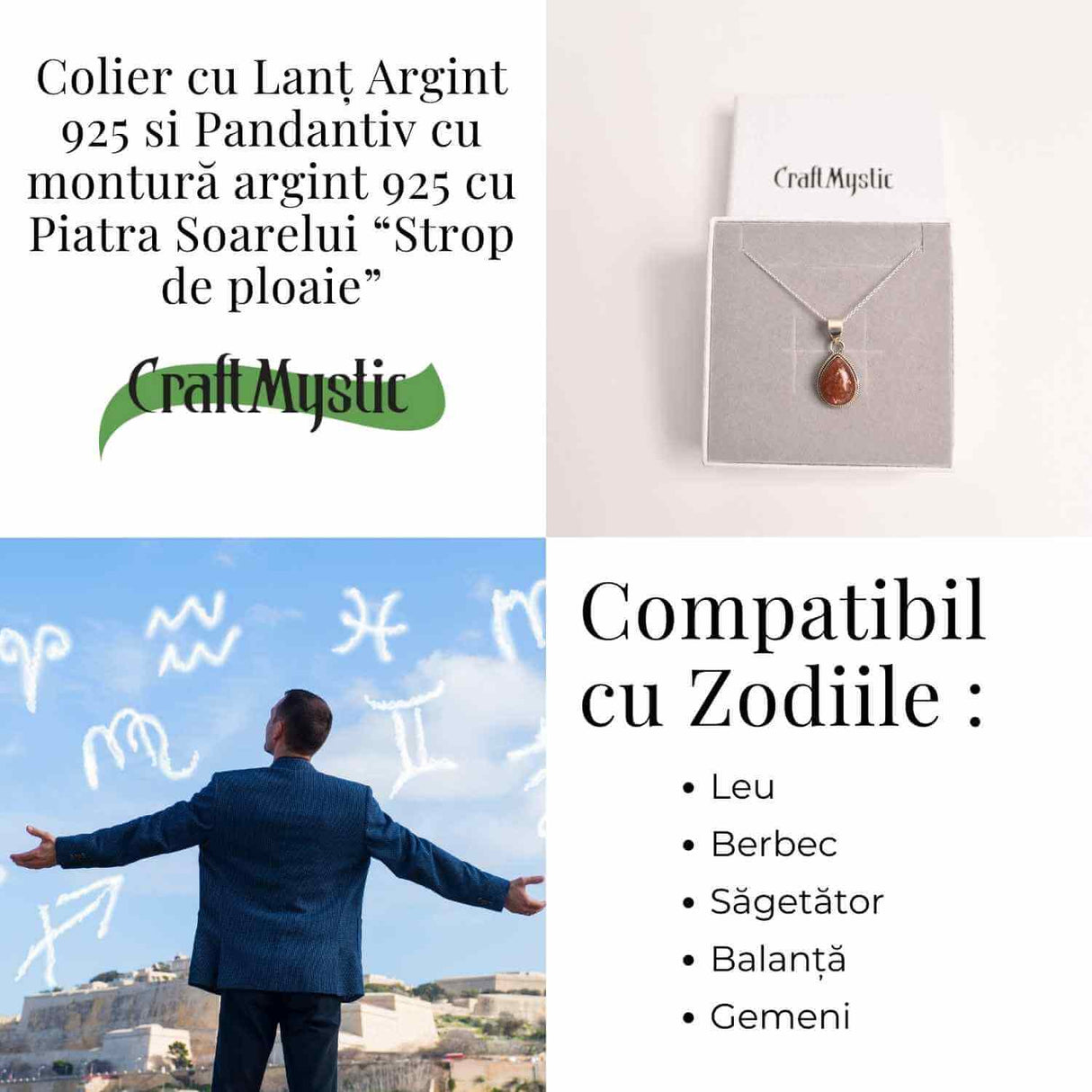 Colier cu Piatra Soarelui Strop de Ploaie, Argint 925, Energie Pozitiva