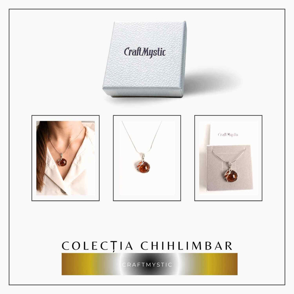 Colier argint 925 cu chihlimbar natural - design rotund elegant