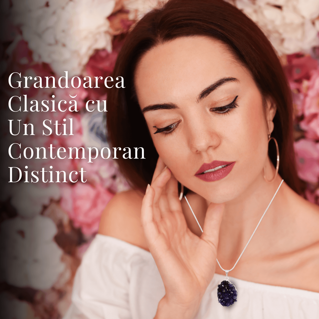 Colier deosebit cu Lant Argintiu si Pandantiv din Ametist Druzy Natural, 20-30mm
