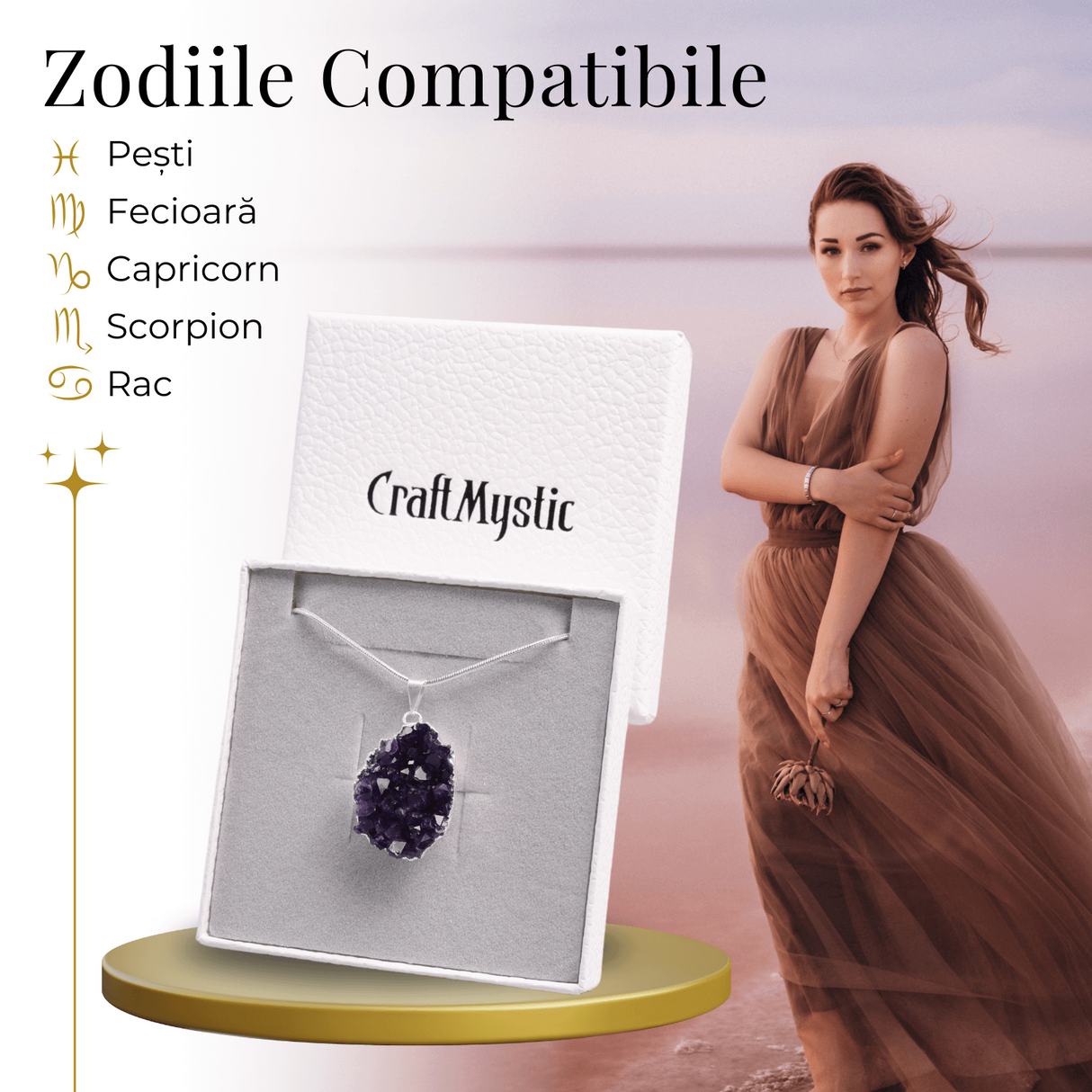 Colier deosebit cu Lant Argintiu si Pandantiv din Ametist Druzy Natural, 20-30mm
