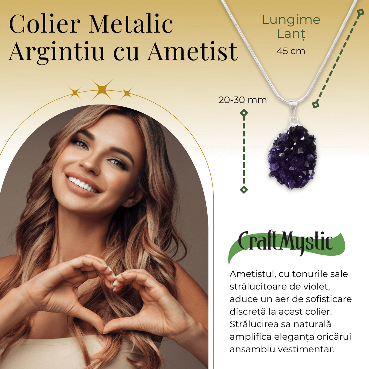 Colier deosebit cu Lant Argintiu si Pandantiv din Ametist Druzy Natural, 20-30mm