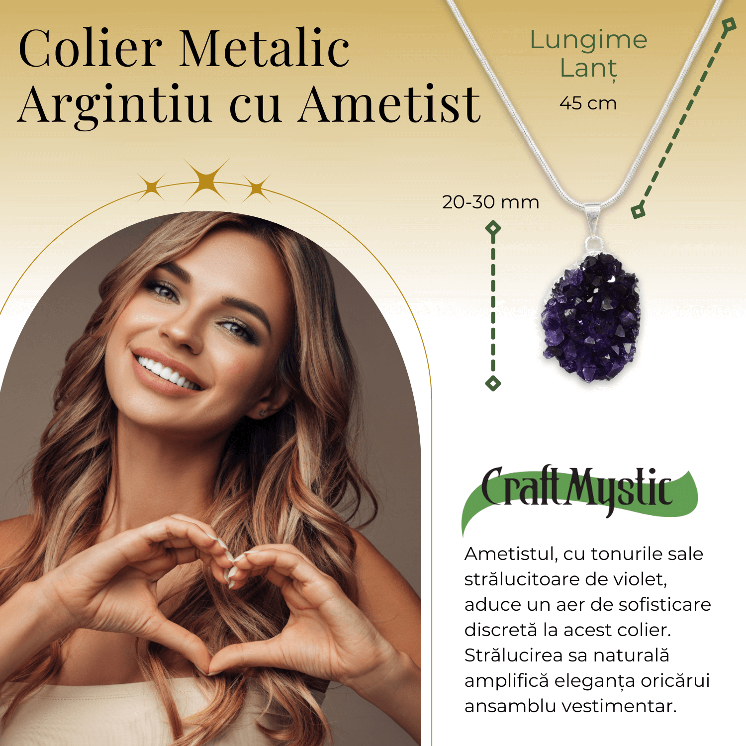 Colier deosebit cu Lant Argintiu si Pandantiv din Ametist Druzy Natural, 20-30mm
