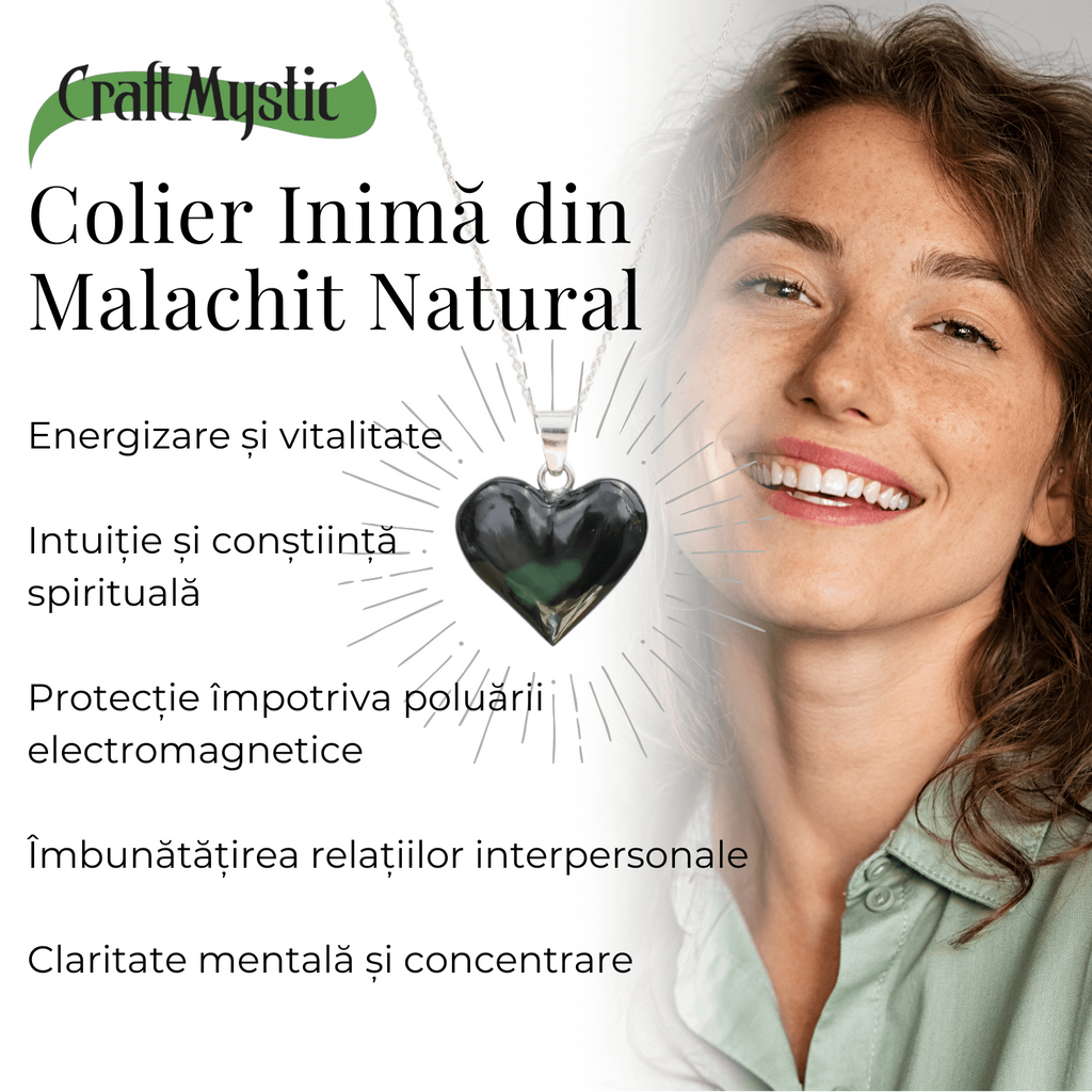 Colier Elegant cu Lant Argintiu si Pandantiv din Malachit Natural in Forma de Inima, 25mm