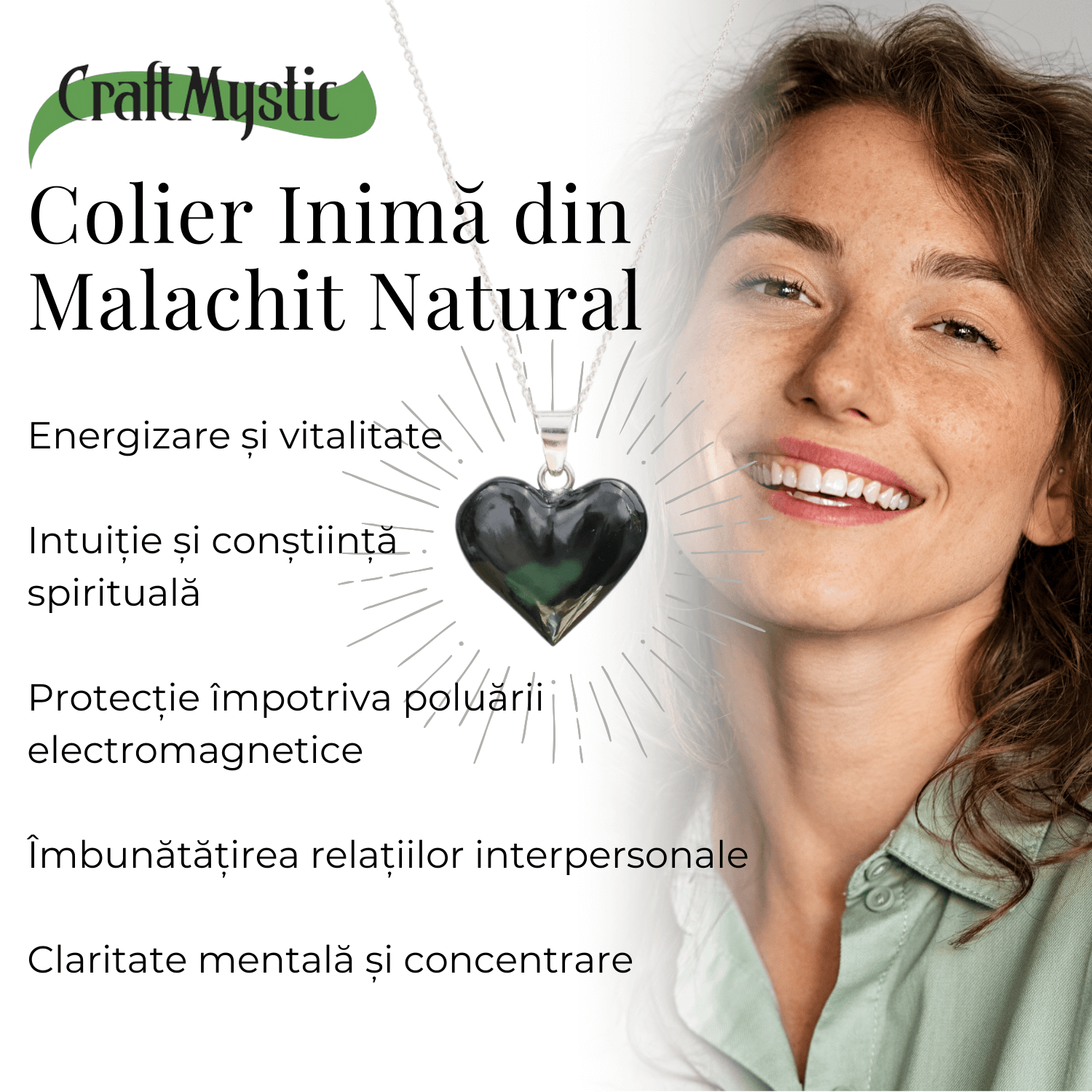 Colier Elegant cu Lant Argintiu si Pandantiv din Malachit Natural in Forma de Inima, 25mm