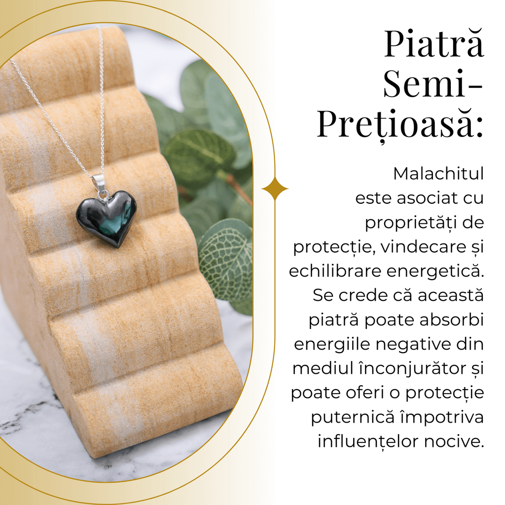 Colier Elegant cu Lant Argintiu si Pandantiv din Malachit Natural in Forma de Inima, 25mm