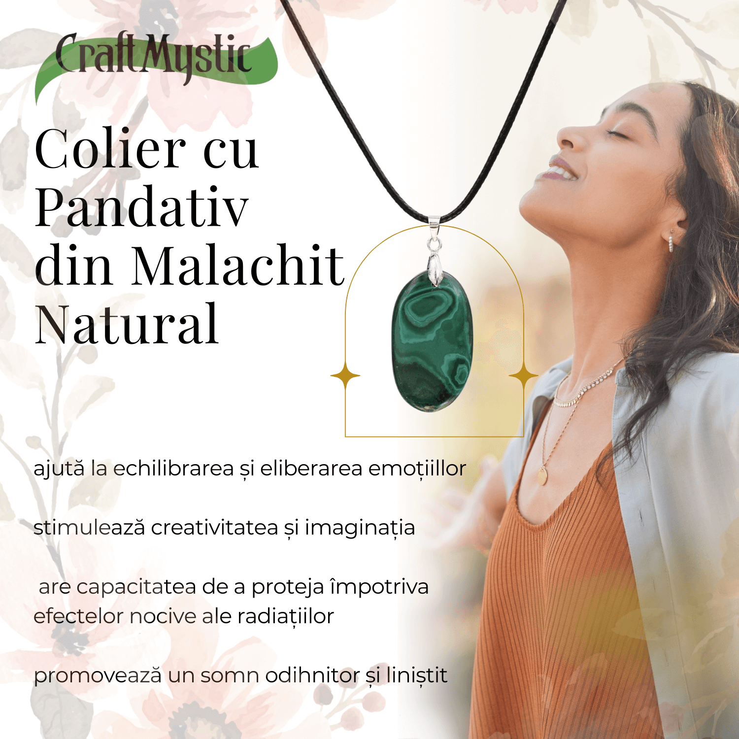 Colier cu Lant Reglabil si Pandantiv Oval din Malachit Natural 30mm