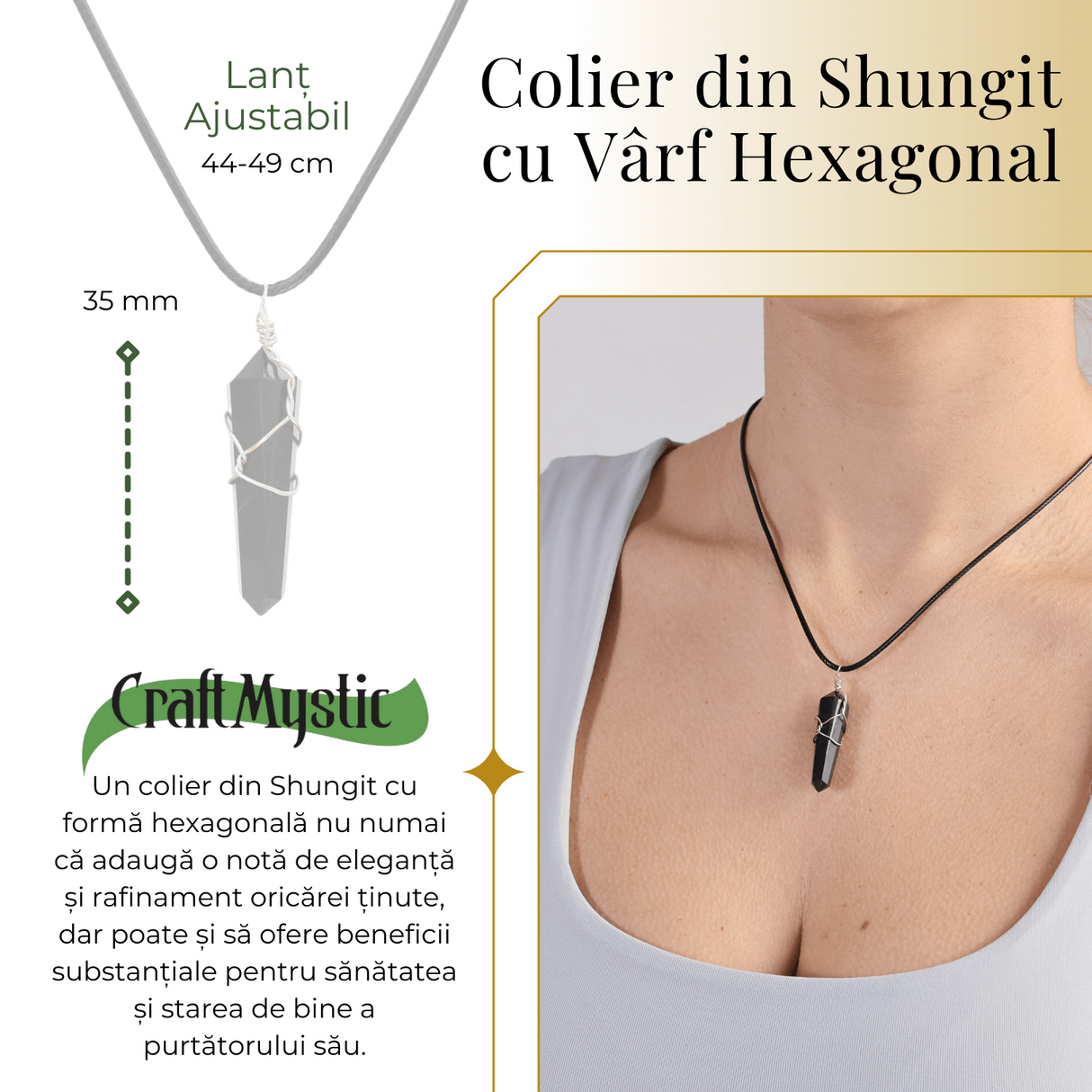 Colier Ajustabil cu Pandantiv Hexagonal din Shungit Natural, 35mm