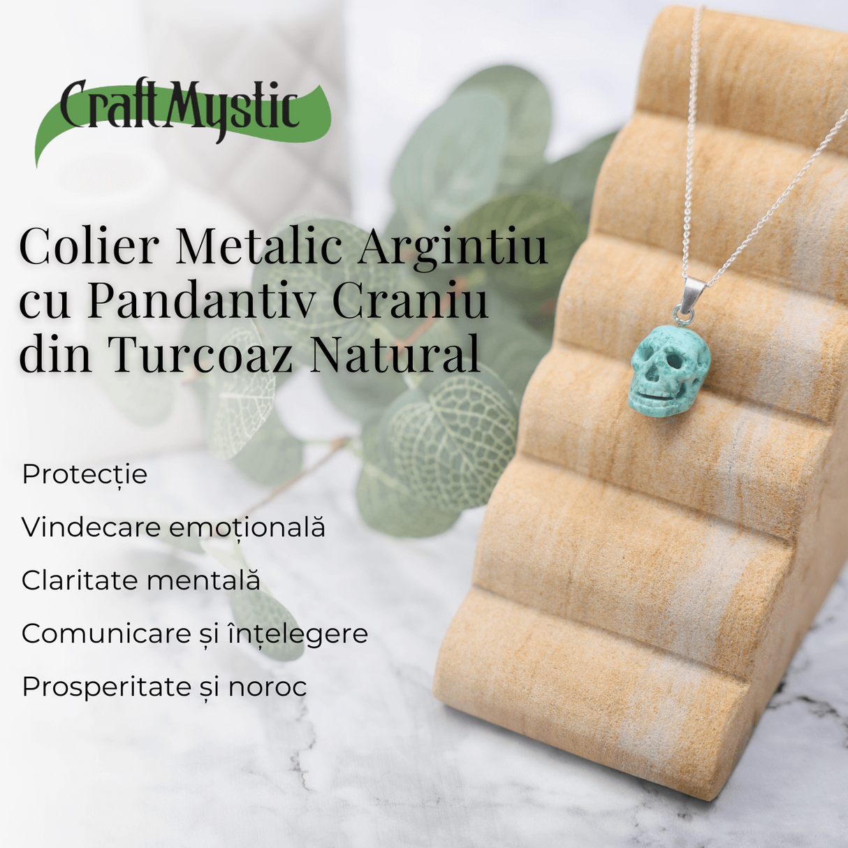Colier Stilat cu Lant Argintiu si Pandantiv din Turcoaz Natural in Forma de Craniu, 20mm