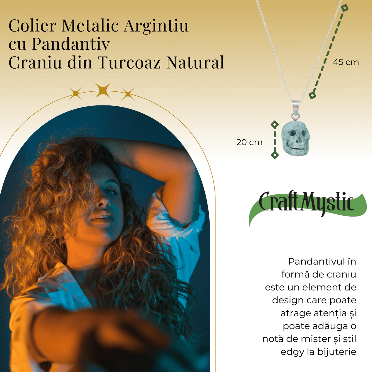 Colier Stilat cu Lant Argintiu si Pandantiv din Turcoaz Natural in Forma de Craniu, 20mm