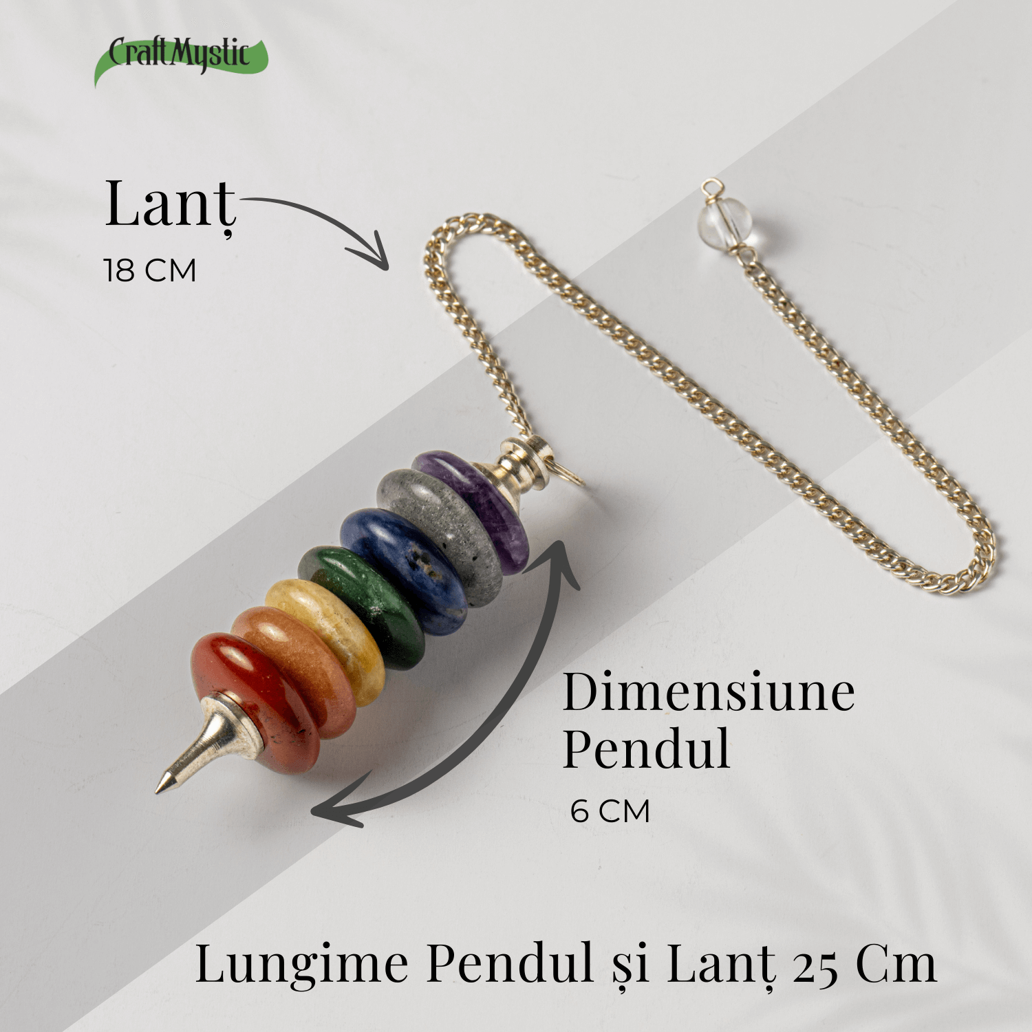 Pendul cu 7 Inele si Pietre Naturale – Echilibru si Vindecare Chakre