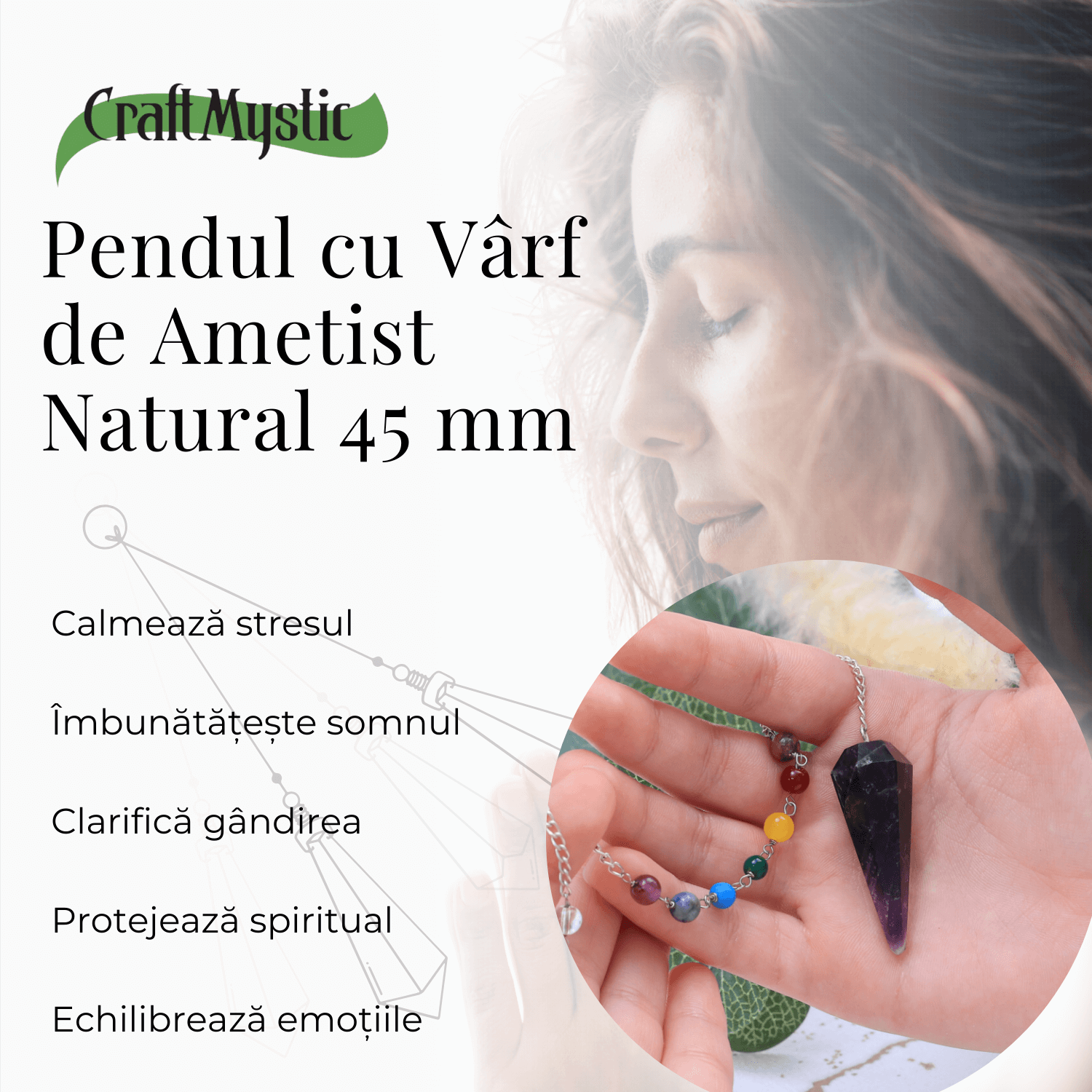 Pendul Radiestezie Ametist cu 7 Margele Chakre pentru Vindecare