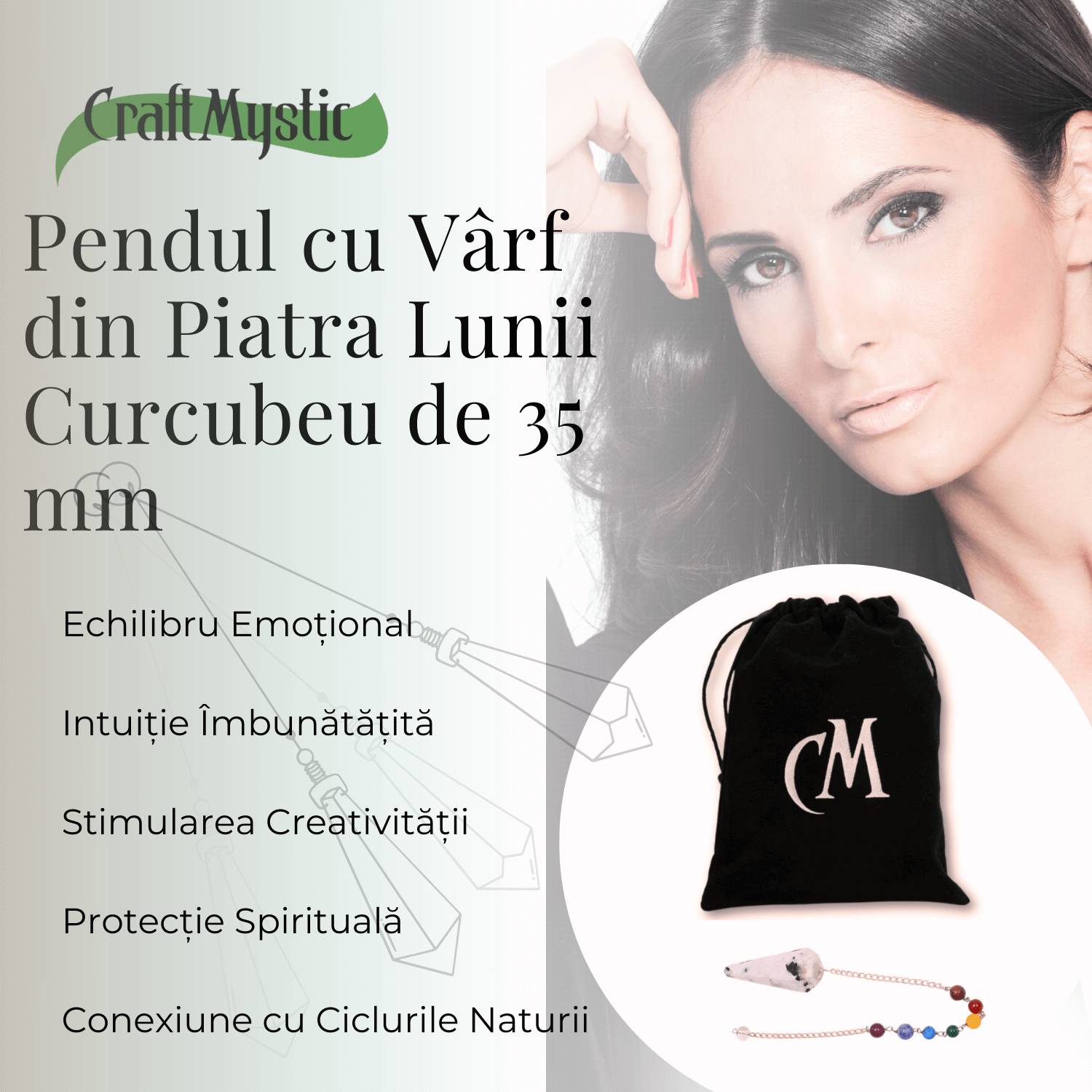 Pendul Piatra Lunii Curcubeu cu 7 Margele Chakre