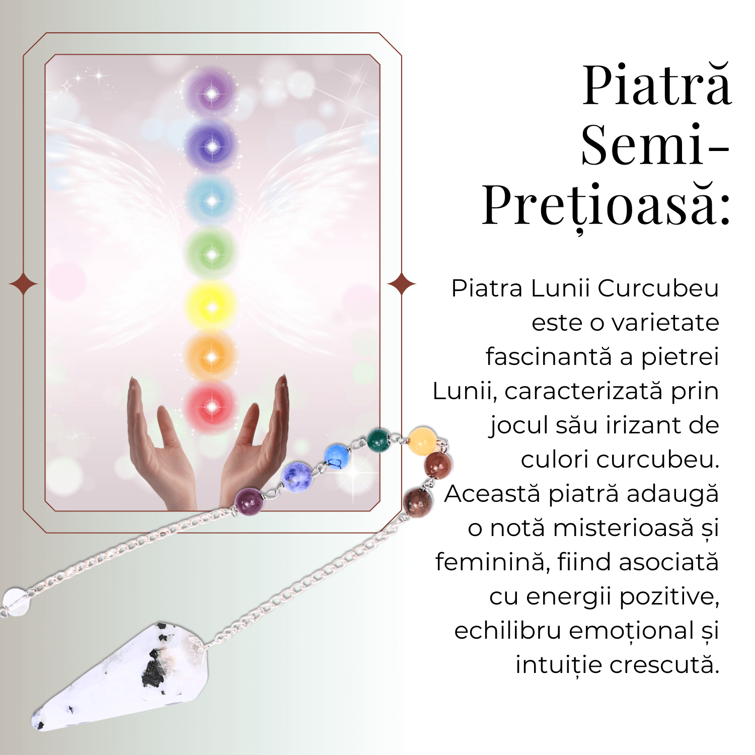 Pendul Piatra Lunii Curcubeu cu 7 Margele Chakre