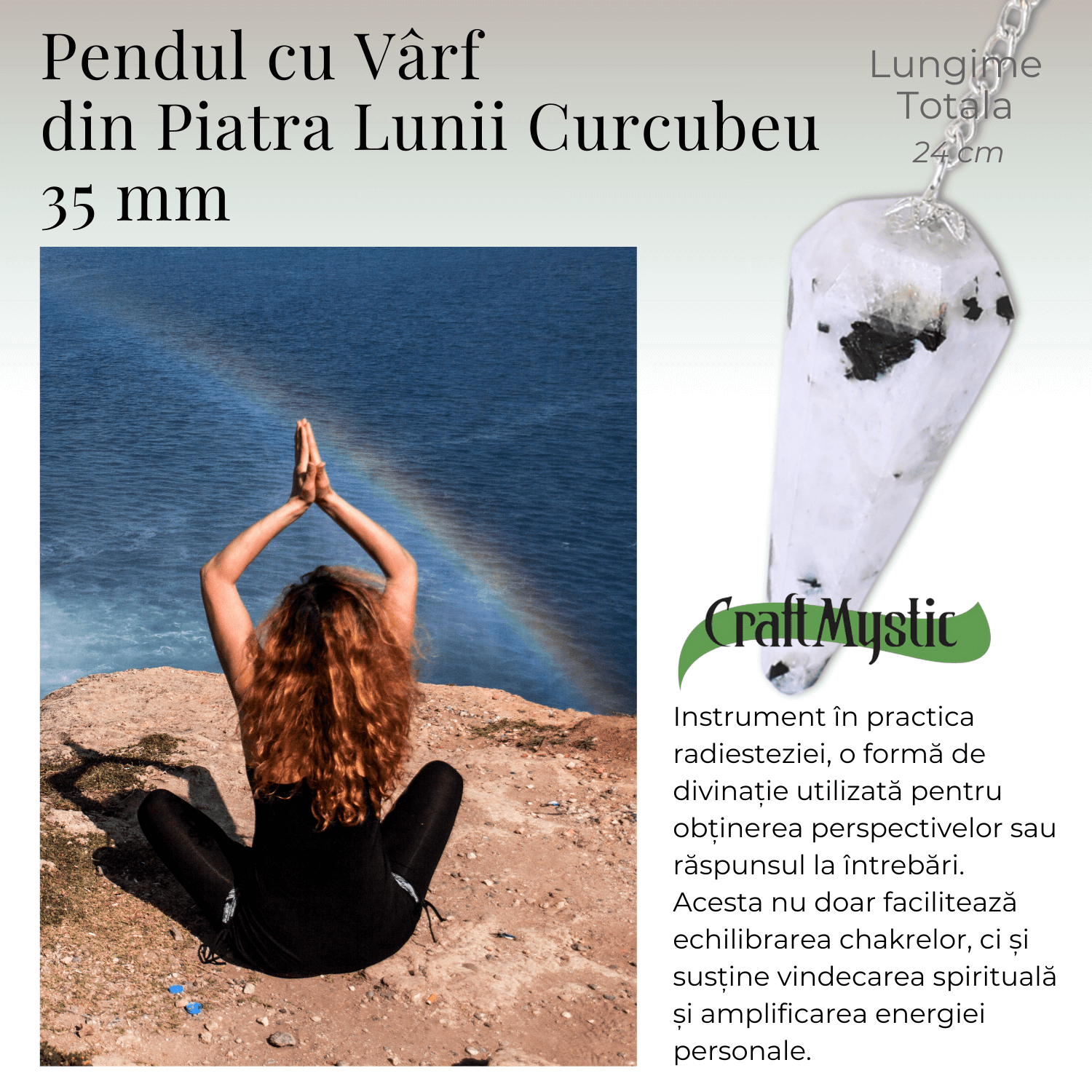 Pendul Piatra Lunii Curcubeu cu 7 Margele Chakre