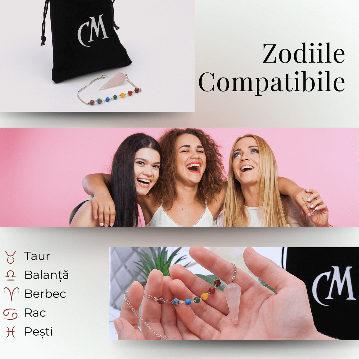 Pendul radiestezie din Cuart Roz cu 7 Margele Chakre pentru Vindecare