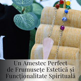 Pendul radiestezie din Cuart Roz cu 7 Margele Chakre pentru Vindecare