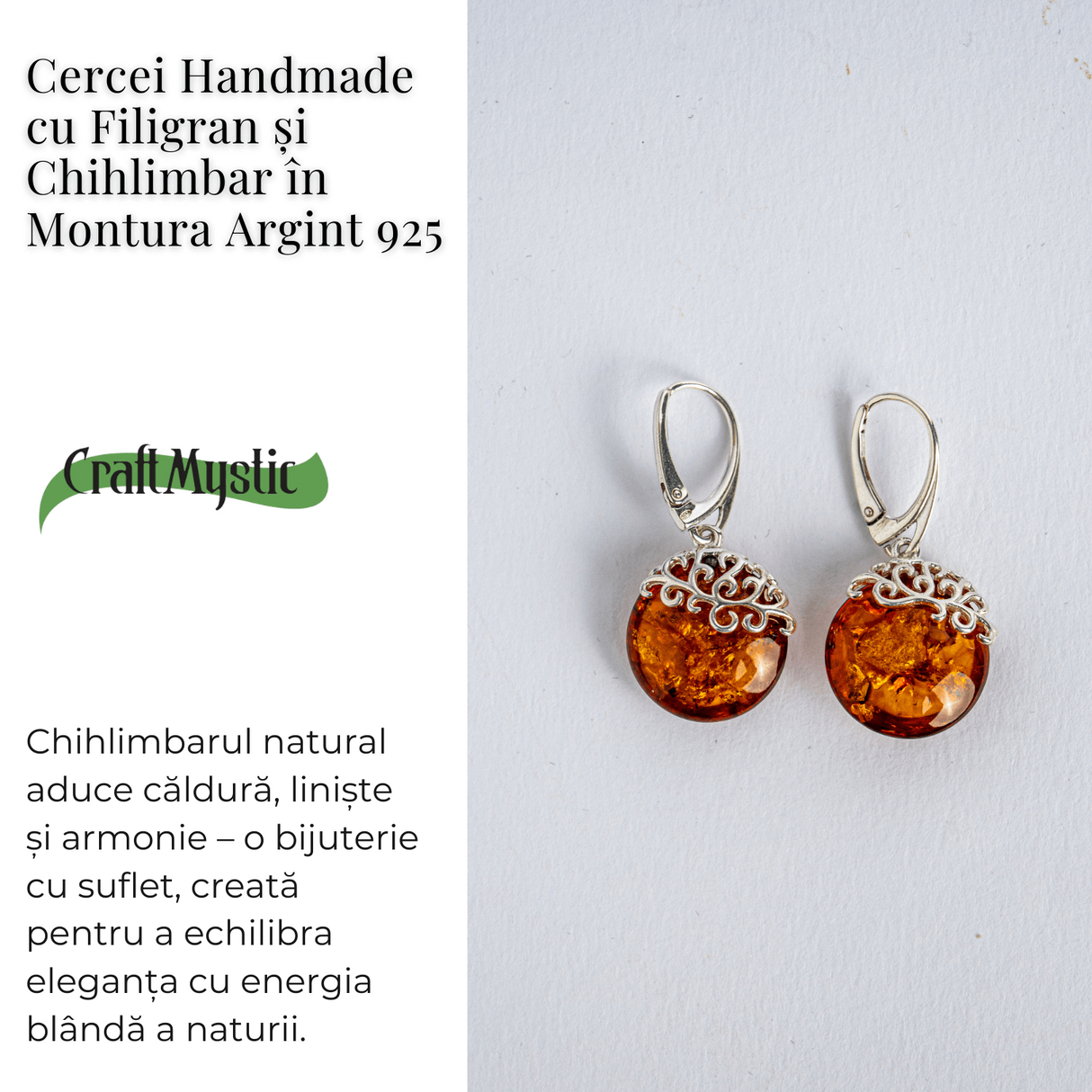 Piatra caldurii si linistii – Cercei handmade cu filigran si chihlimbar in montura argint 925