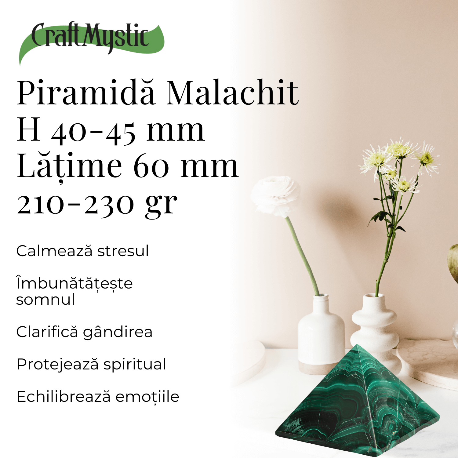 Piramida Malachit natural H 40-45 mm Latime 60 mm 210-230 gr