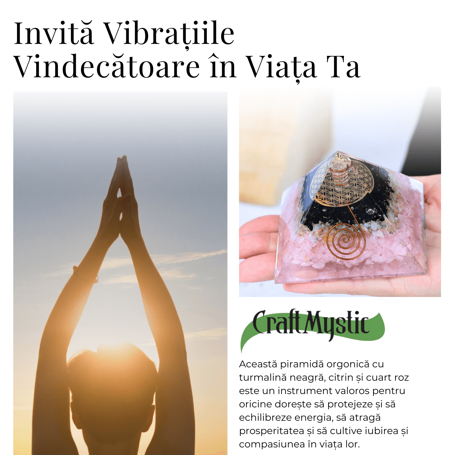 Piramida orgonica cu Turmalina neagra, Citrin, Cuart roz