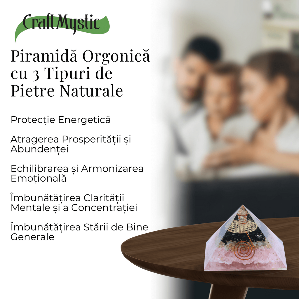 Piramida orgonica cu Turmalina neagra, Citrin, Cuart roz