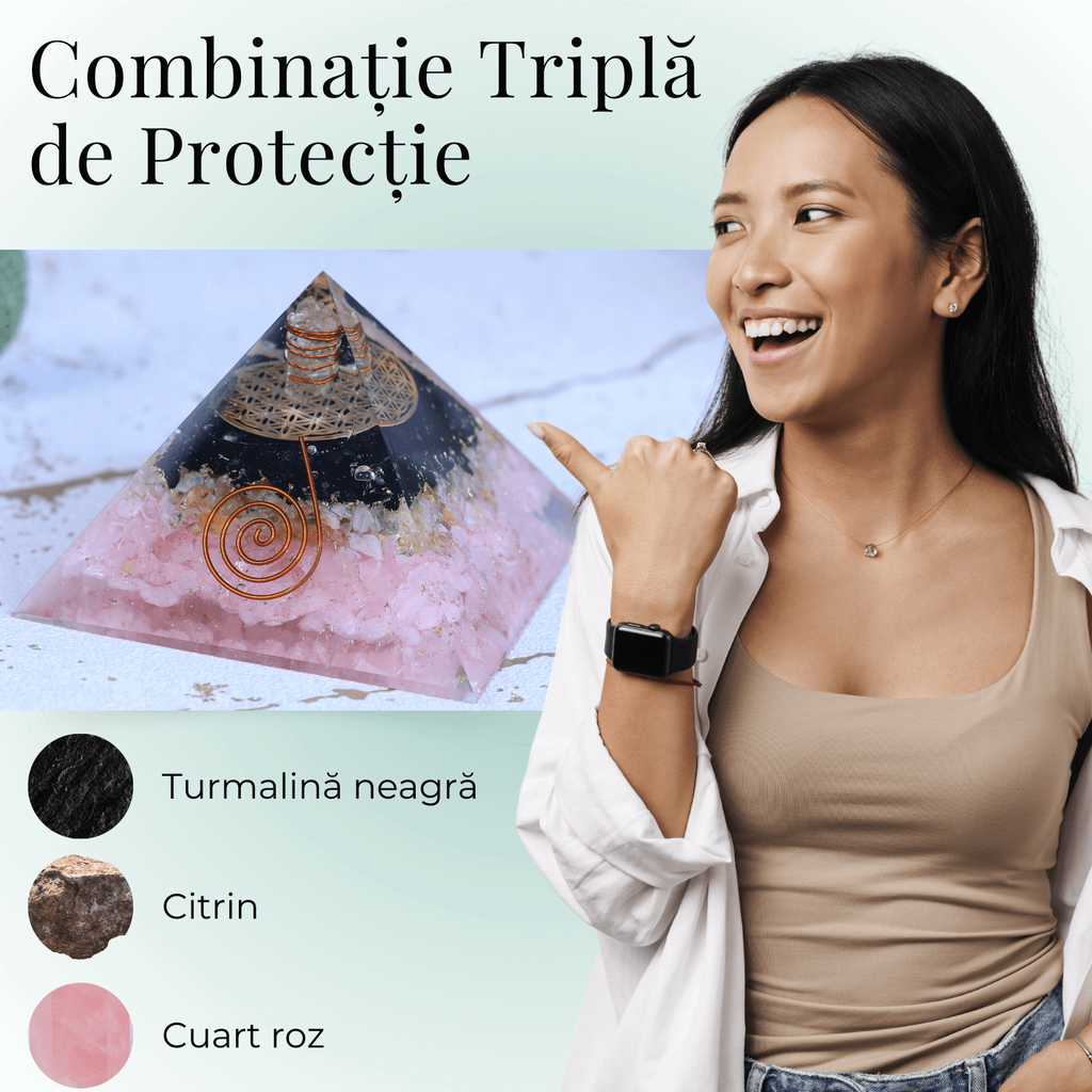 Piramida orgonica cu Turmalina neagra, Citrin, Cuart roz