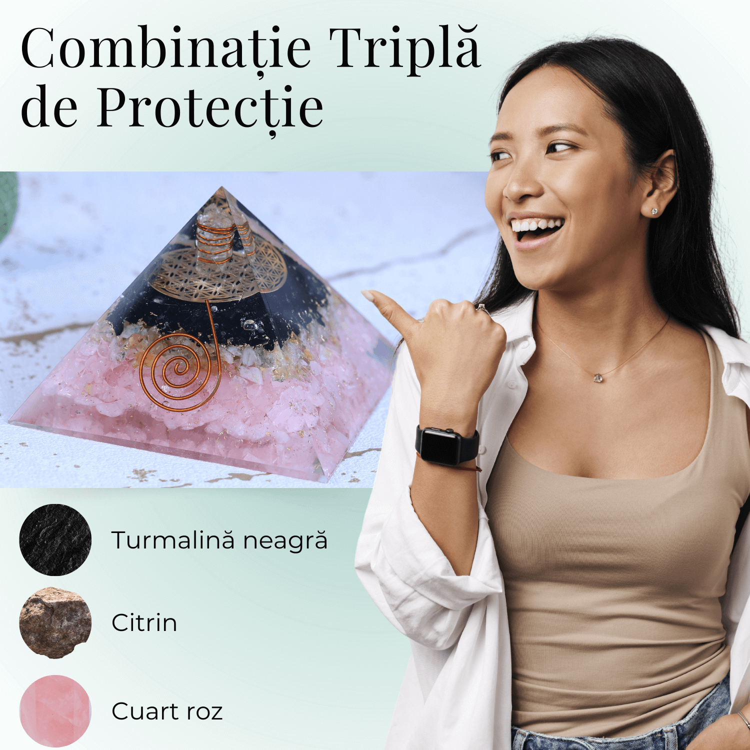 Piramida orgonica cu Turmalina neagra, Citrin, Cuart roz