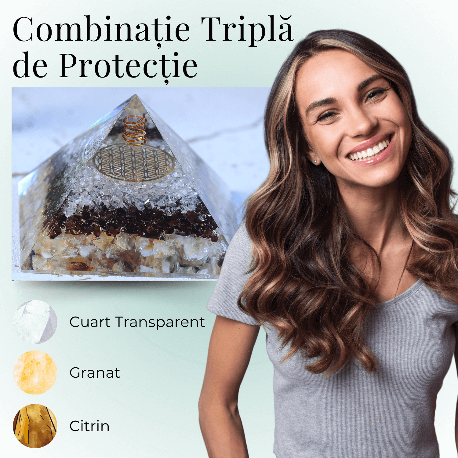 Piramida orgonica cu 3 tipuri de pietre naturale