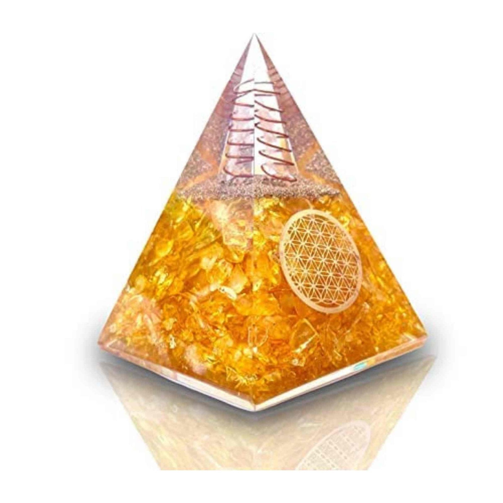 Piramida Orgonica cu Citrin si simbolul floarea vietii 8 cm – pentru intelepciune, bogatie si succes